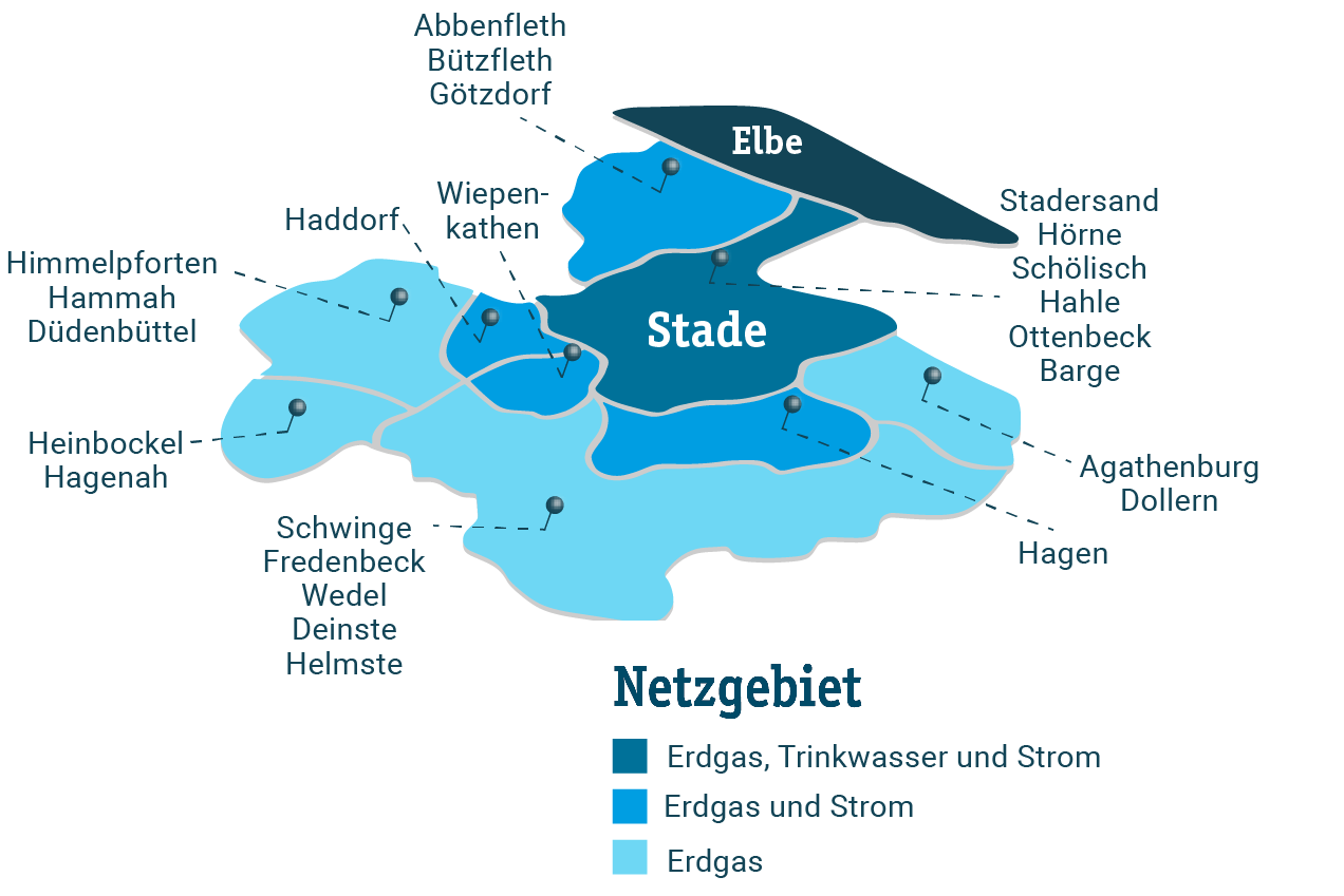 Das Strom, Gas und Wasserversorgungsgebiet der Stadtwerke Stade